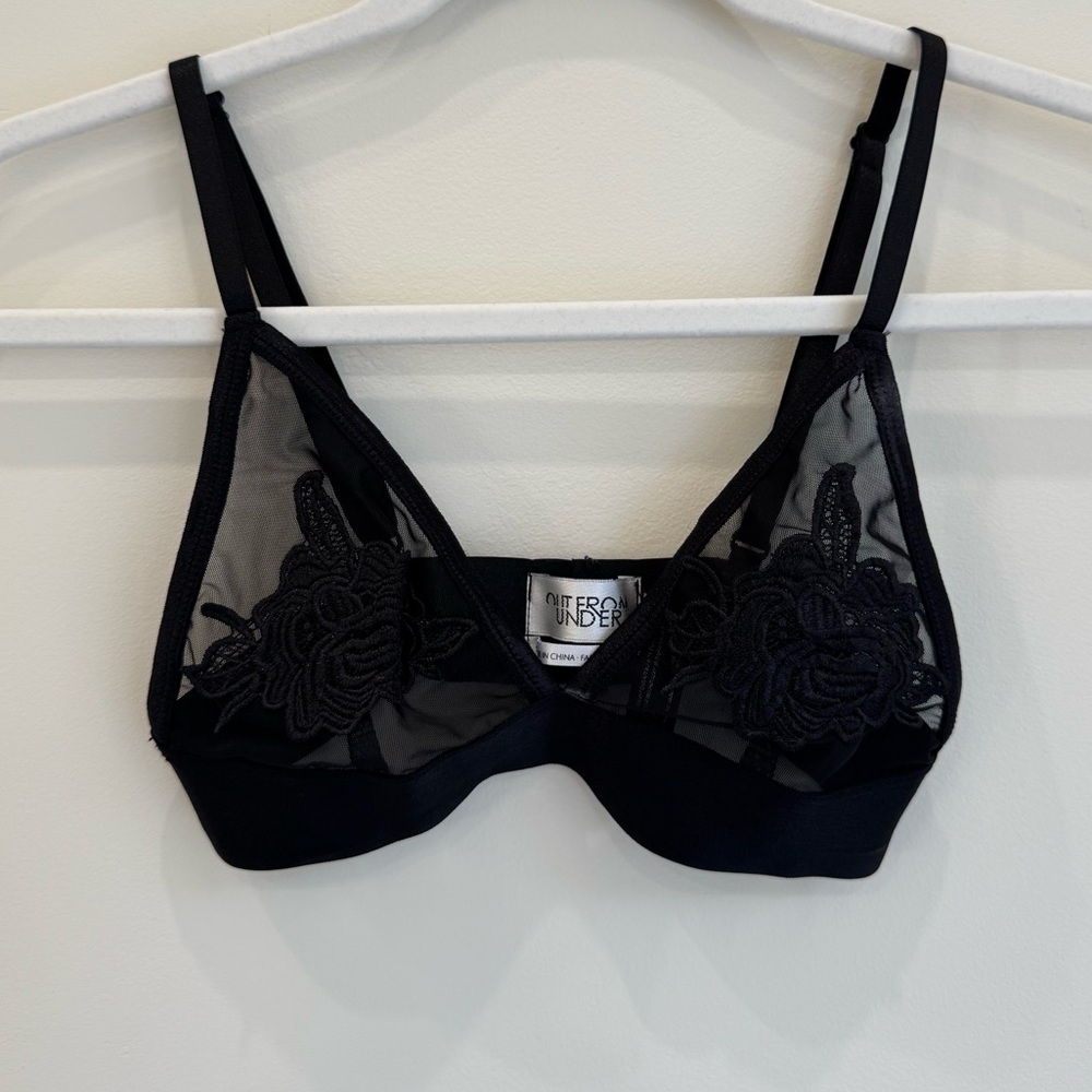 Out From Under Black Mesh Floral Bralette - Sheer Embroidered Lingerie- Small